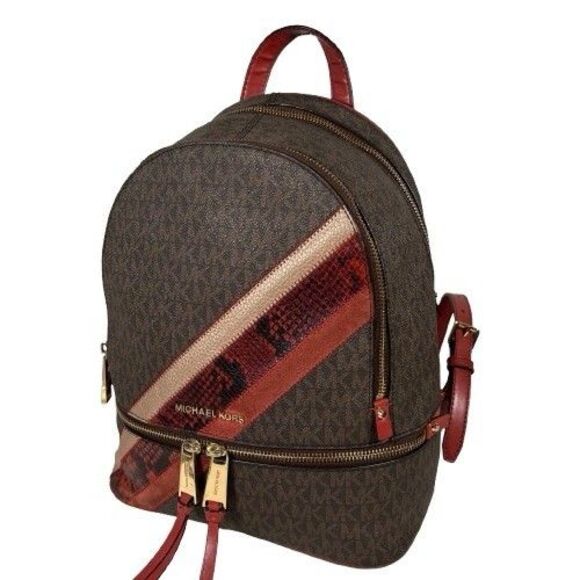 Rare Michael Kors Rhea Zip Backpack Signature Logo Red Snakeskin Suede Stripe - Picture 3 of 16